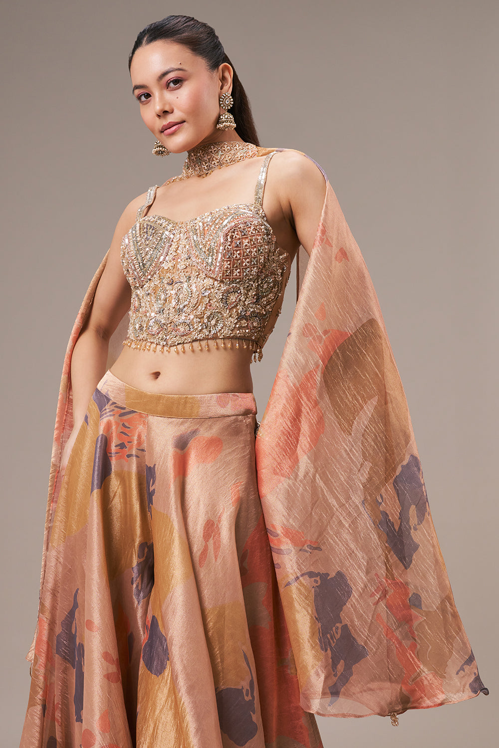 Dark Golden Tissue Crop Top Style Suit with Cutdana and Sequin Work
