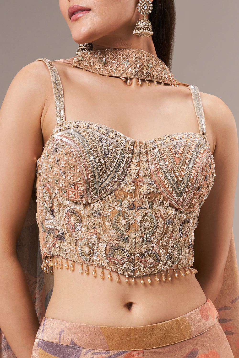 Dark Golden Tissue Crop Top Style Suit with Cutdana and Sequin Work