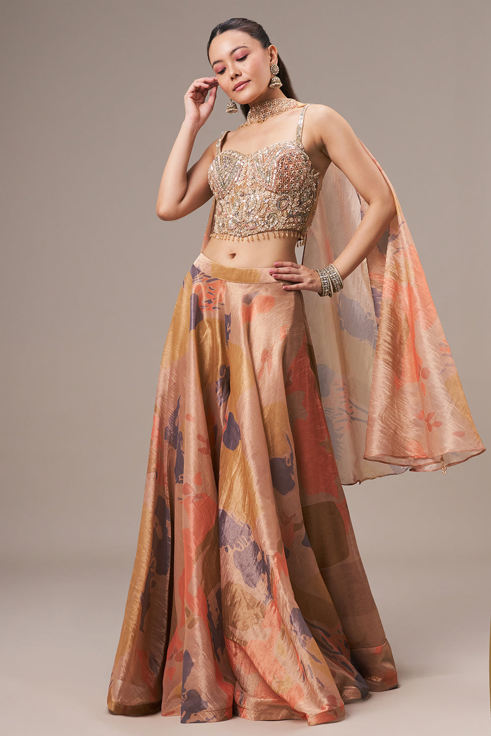 Dark Golden Tissue Crop Top Style Suit with Cutdana and Sequin Work