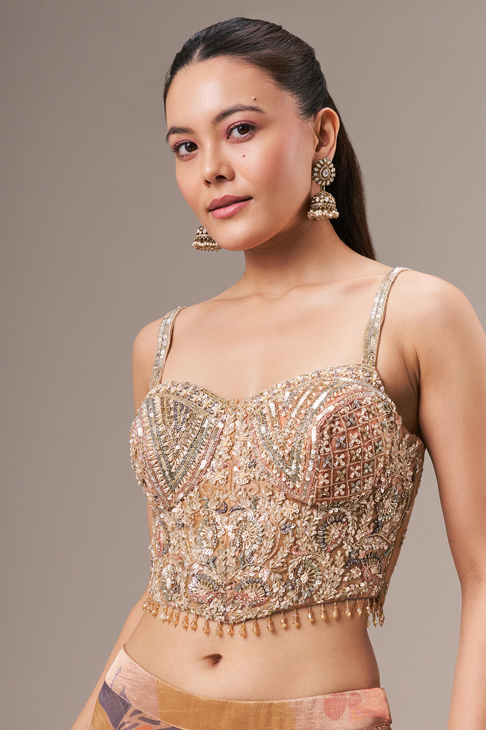 Dark Golden Tissue Crop Top Style Suit with Cutdana and Sequin Work