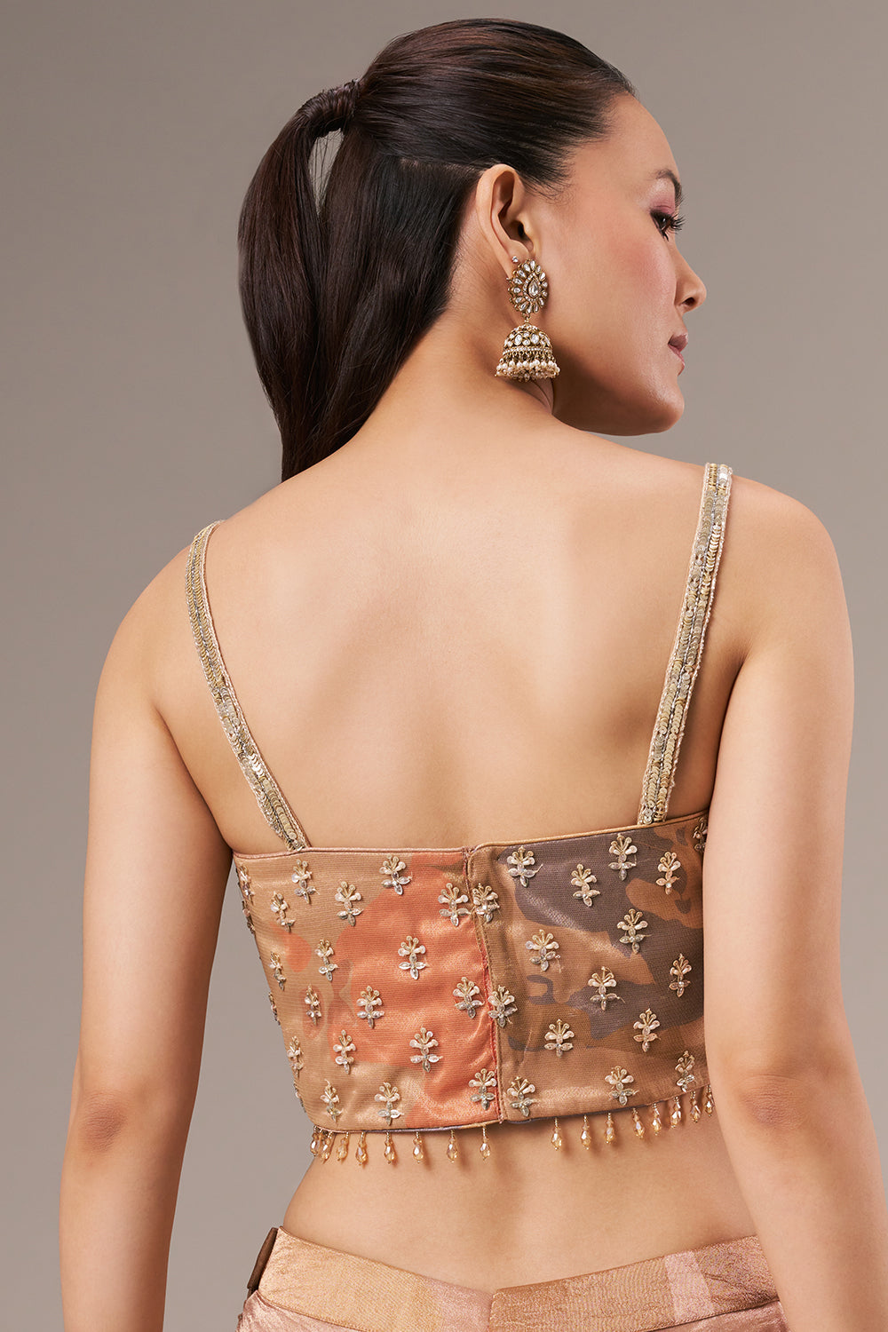 Dark Golden Tissue Crop Top Style Suit with Cutdana and Sequin Work