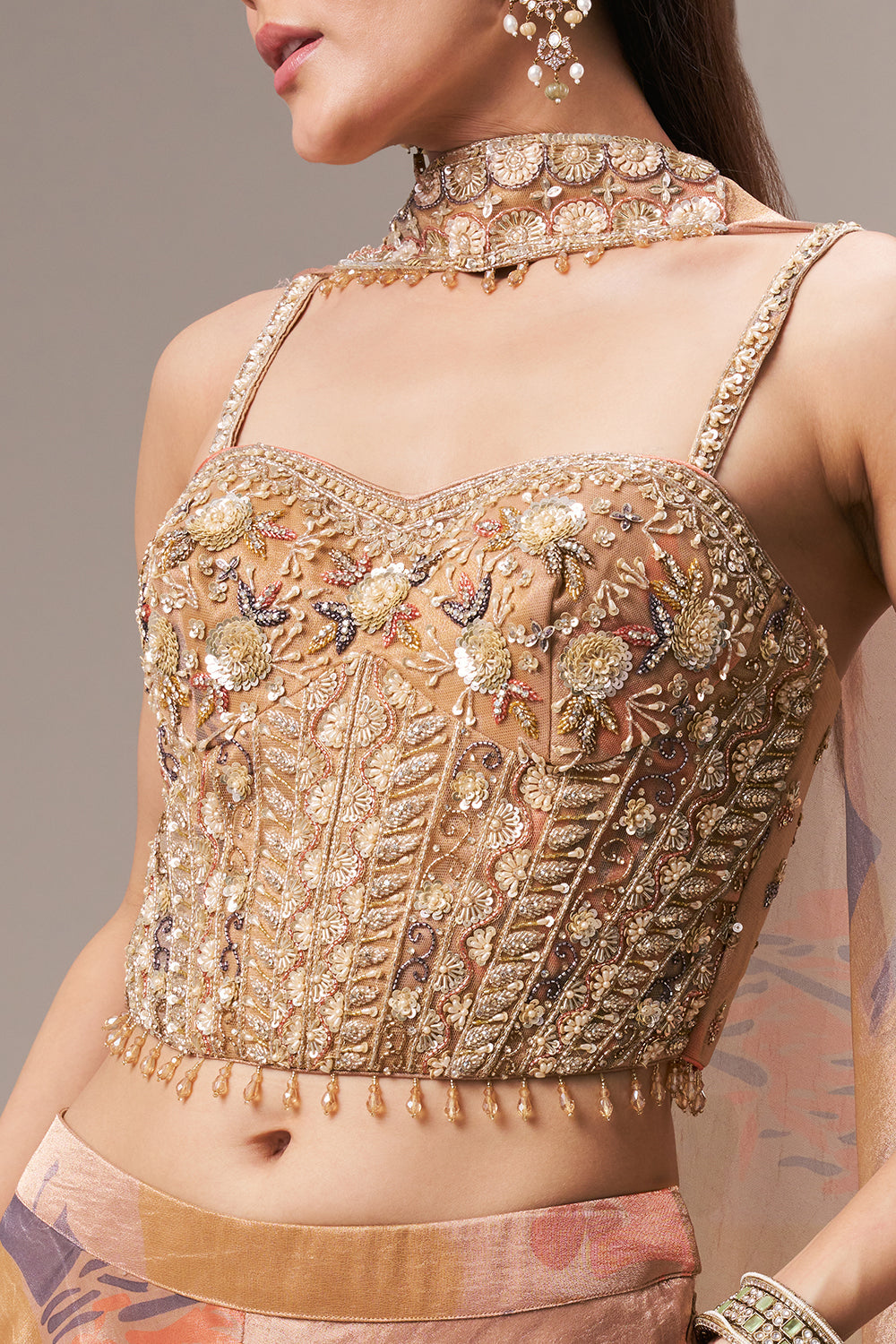Dark Golden Tissue Crop Top Style Suit with Cutdana and Tassel Work