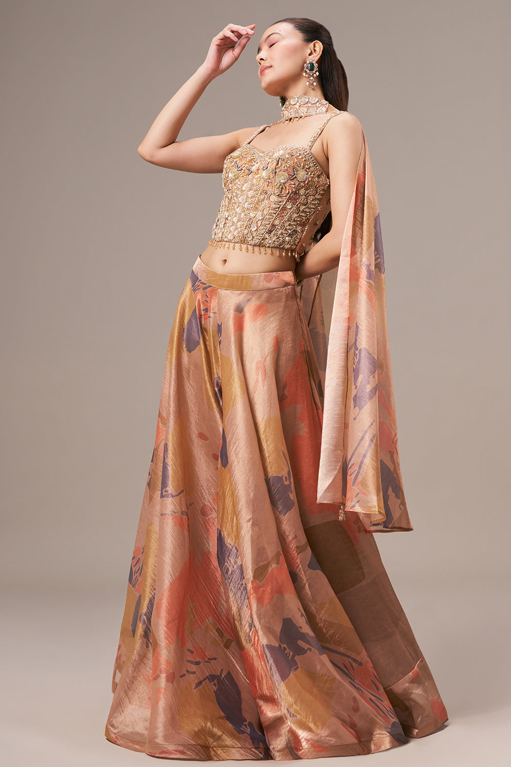 Dark Golden Tissue Crop Top Style Suit with Cutdana and Tassel Work
