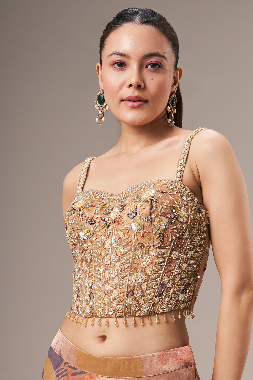 Dark Golden Tissue Crop Top Style Suit with Cutdana and Tassel Work