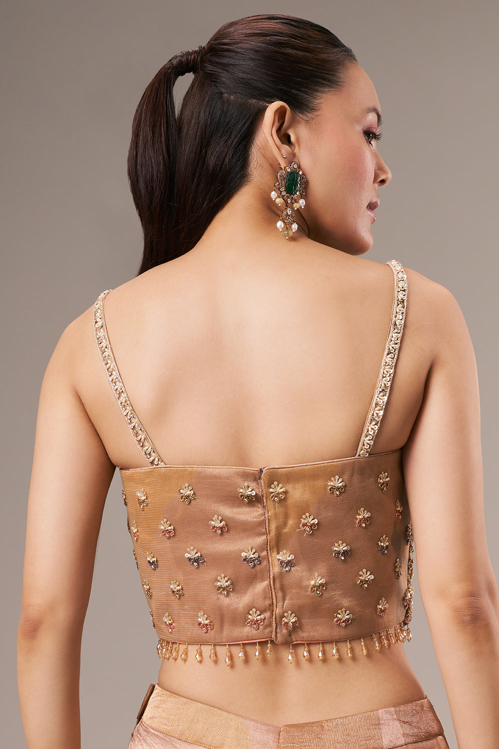 Dark Golden Tissue Crop Top Style Suit with Cutdana and Tassel Work