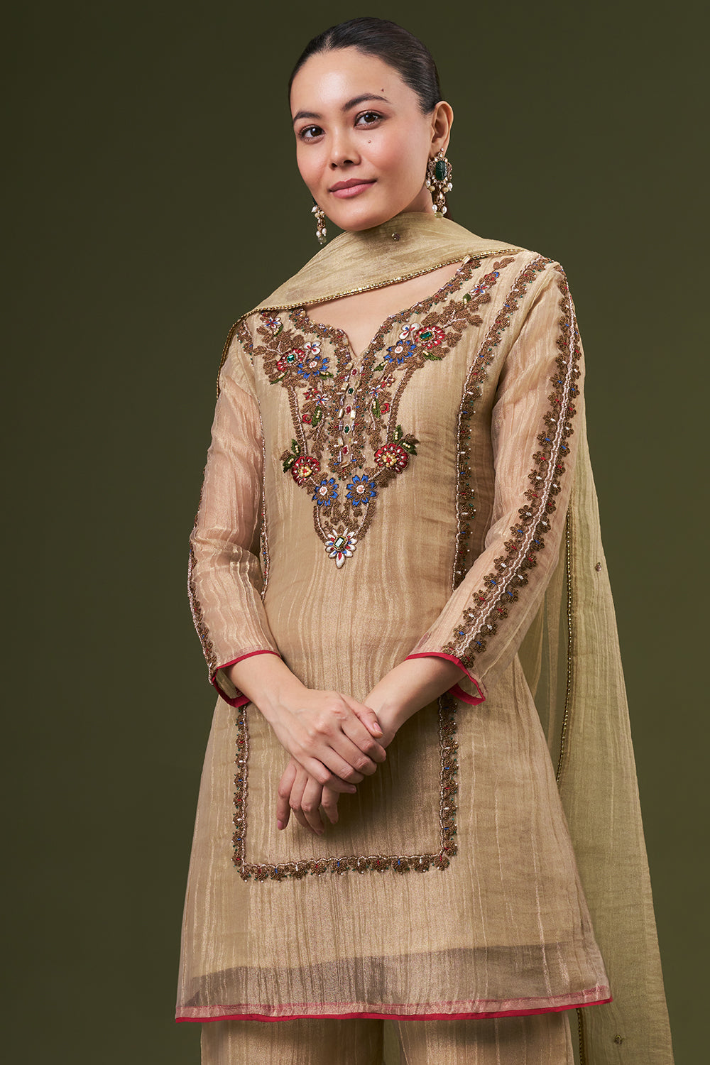 Dark Golden Tissue Salwar Kameez with Thread and Zari Work
