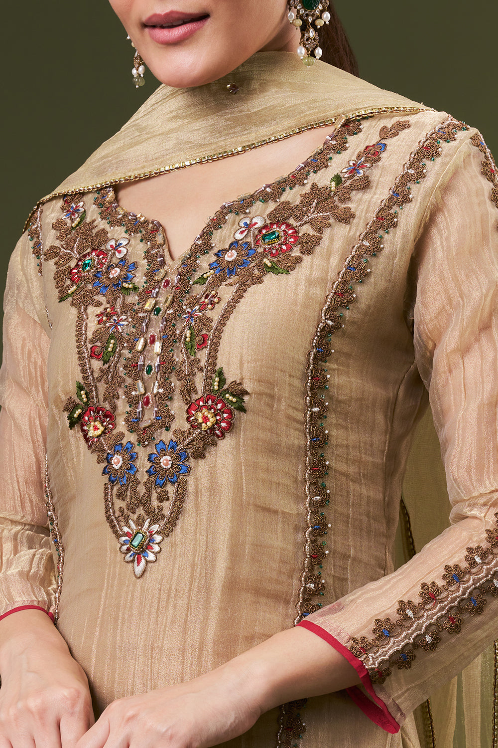 Dark Golden Tissue Salwar Kameez with Thread and Zari Work