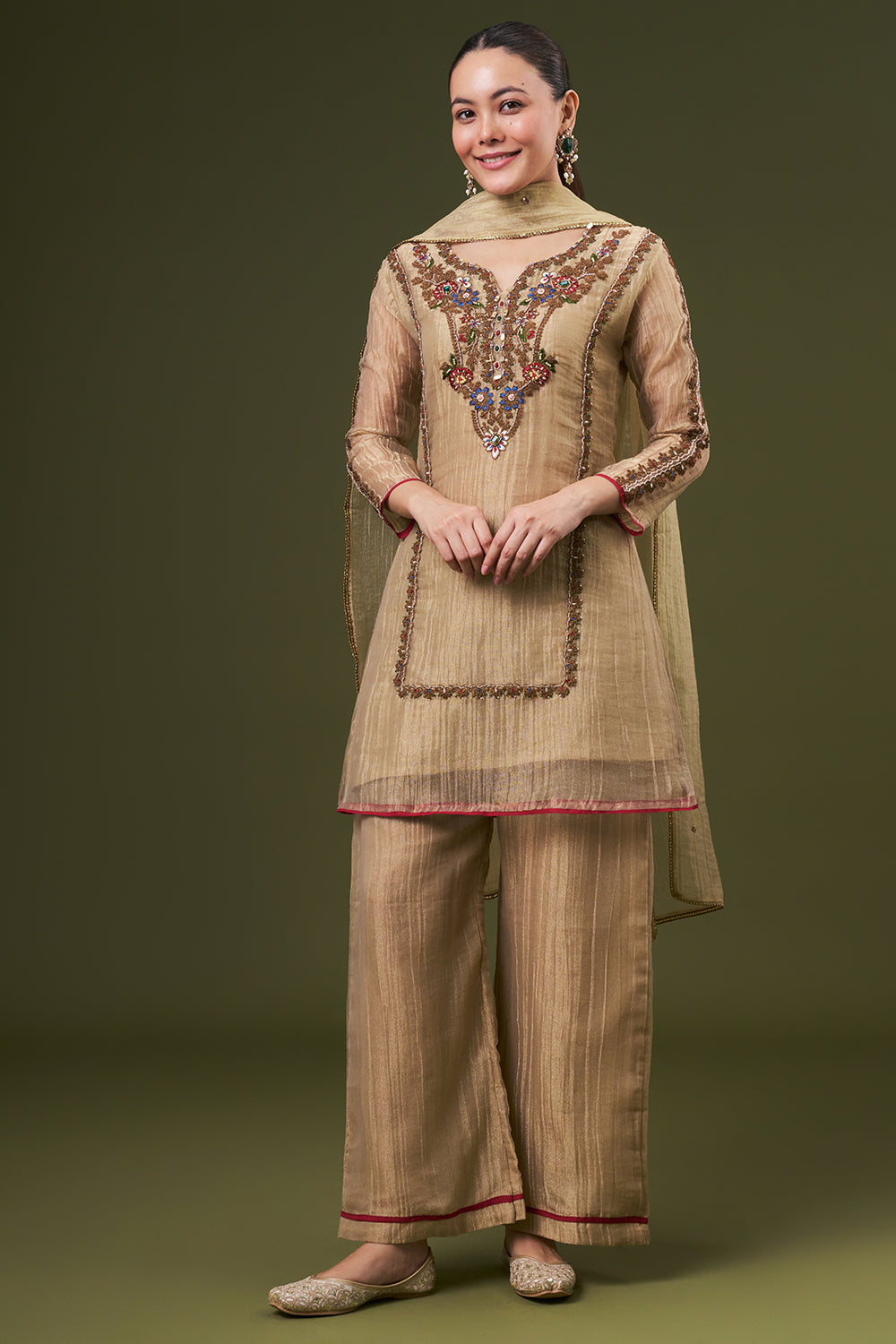 Dark Golden Tissue Salwar Kameez with Thread and Zari Work