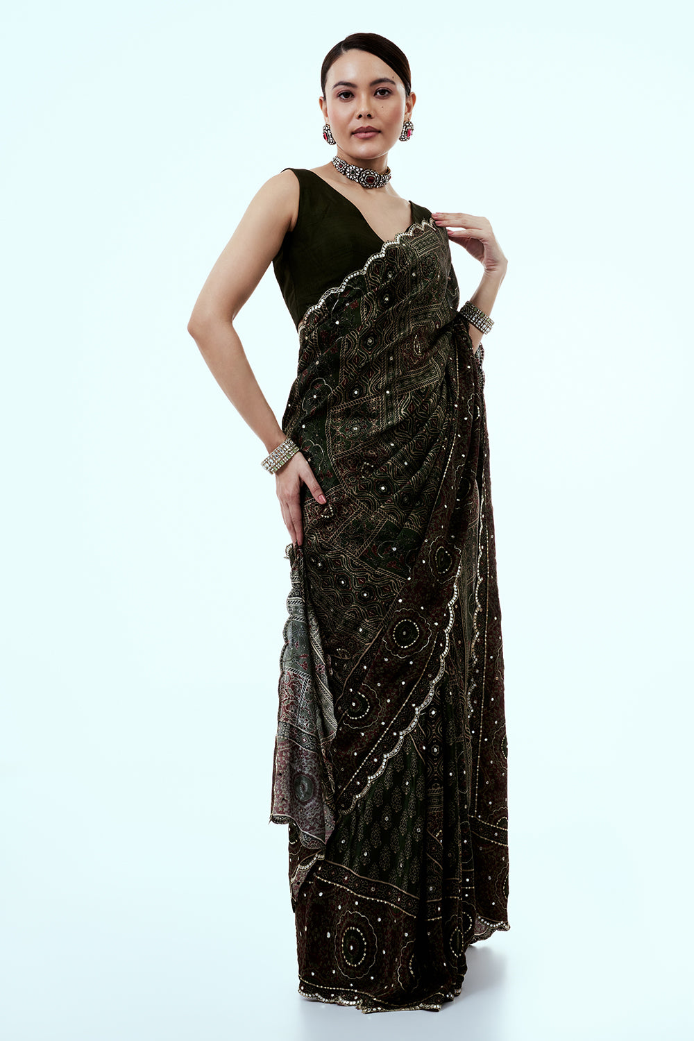 Dark Green Crepe Saree with Geometric Print and Mirror Work