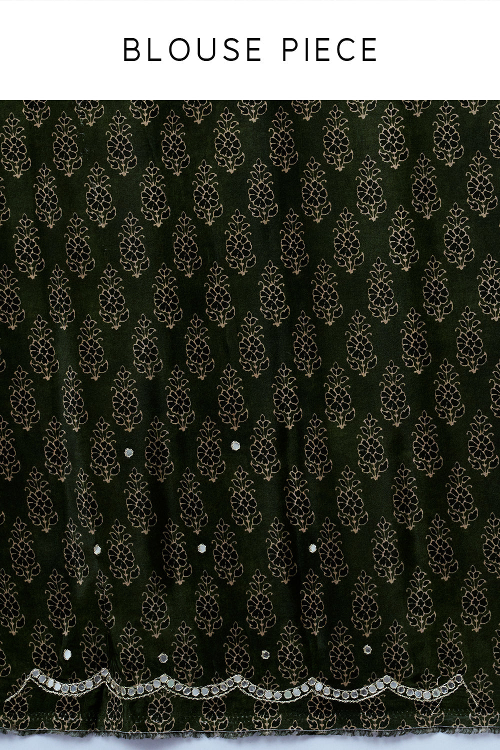 Dark Green Crepe Saree with Geometric Print and Mirror Work