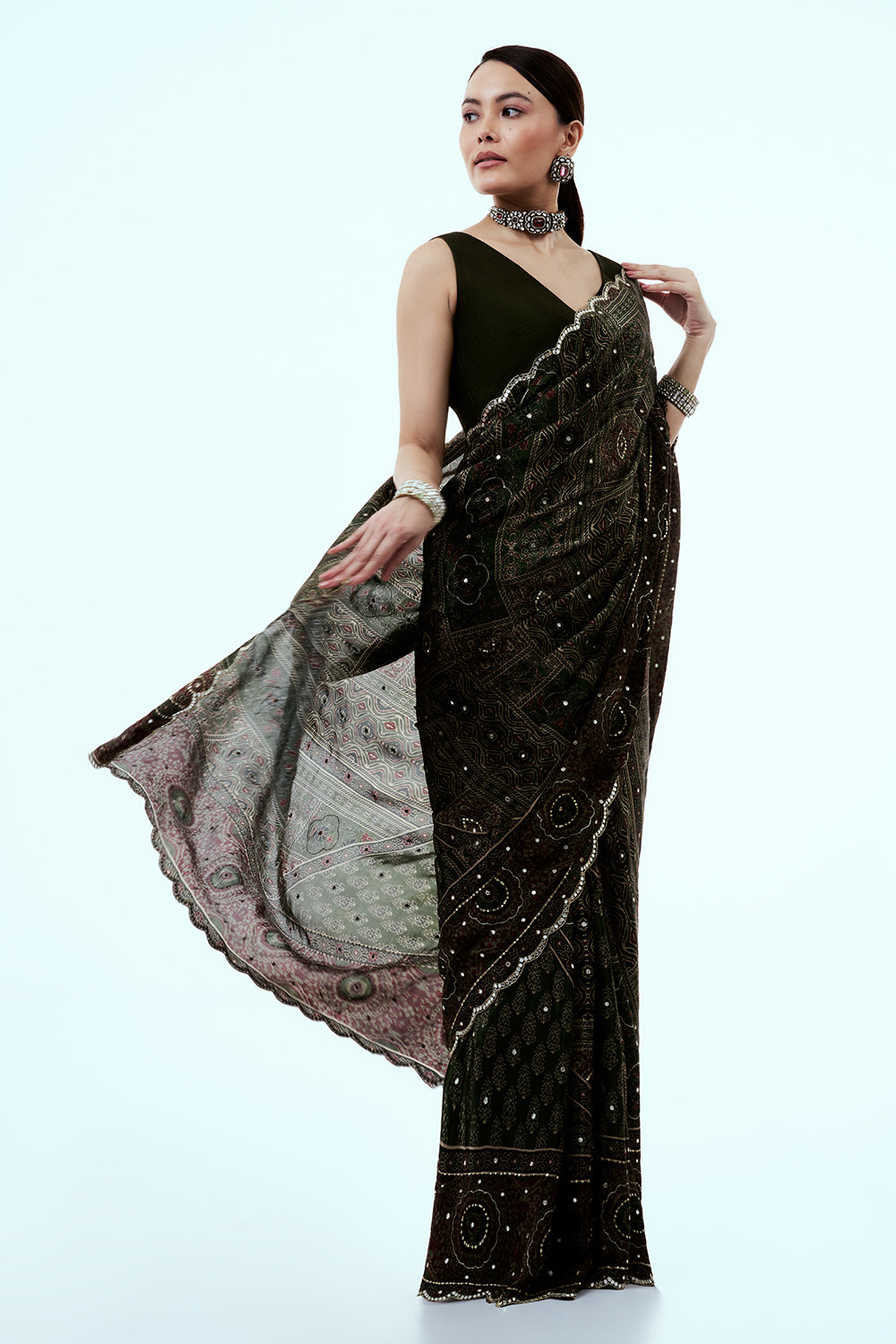 Dark Green Crepe Saree with Geometric Print and Mirror Work