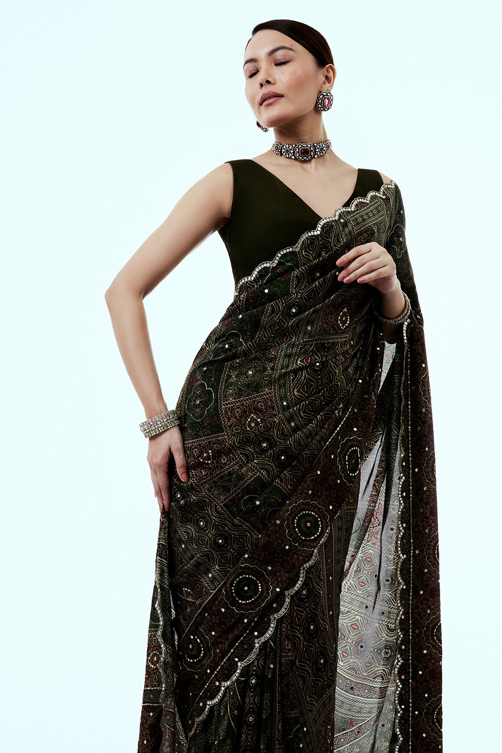Dark Green Crepe Saree with Geometric Print and Mirror Work