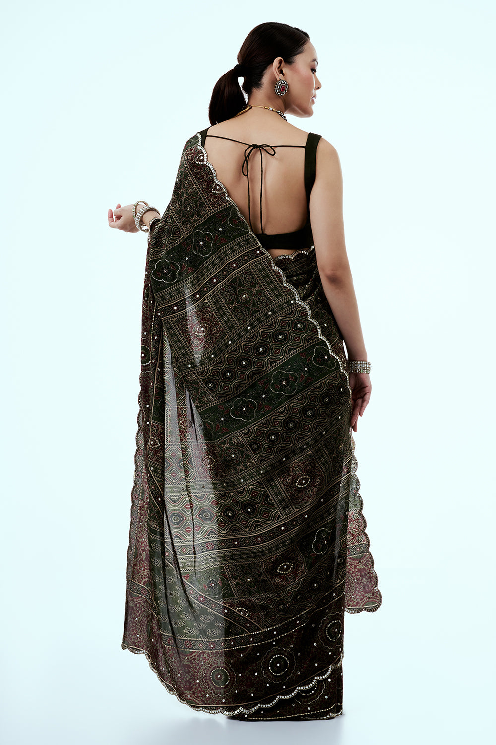 Dark Green Crepe Saree with Geometric Print and Mirror Work