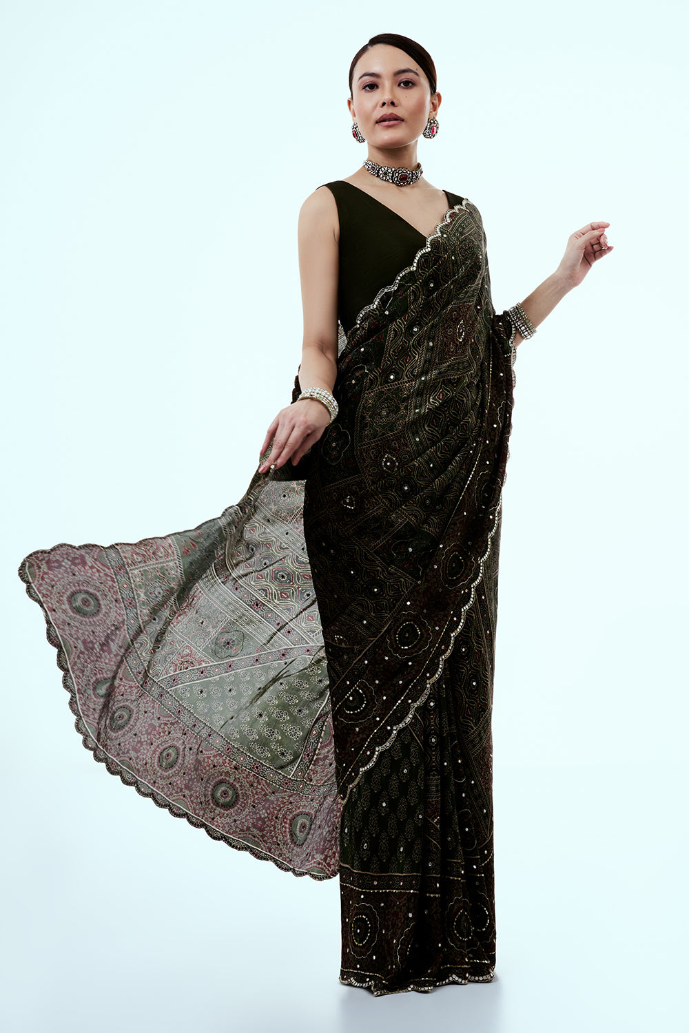 Dark Green Crepe Saree with Geometric Print and Mirror Work