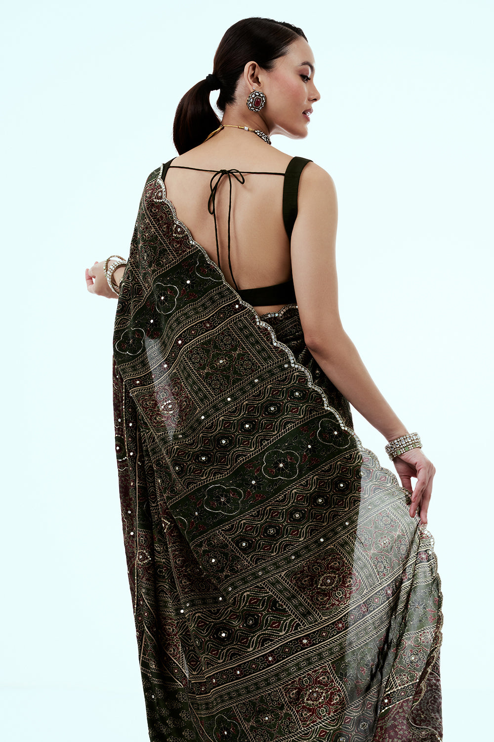 Dark Green Crepe Saree with Geometric Print and Mirror Work