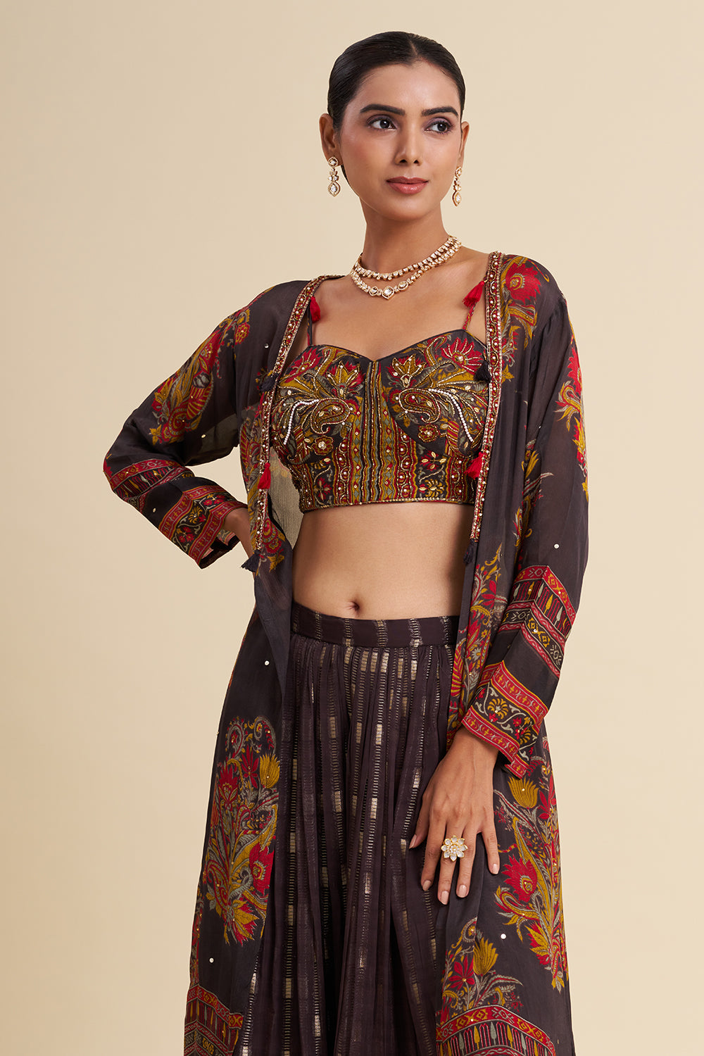 Dark Grey Georgette Cape Set with Printed Work