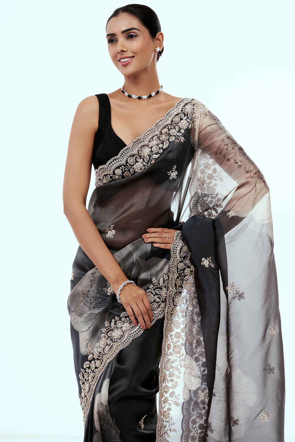 Dark Grey Shimmer Zari Tissue Printed & Embellished Saree