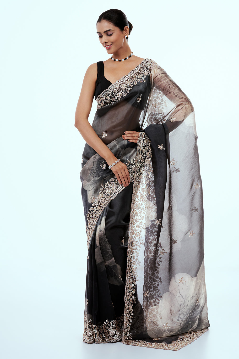 Dark Grey Shimmer Zari Tissue Printed & Embellished Saree