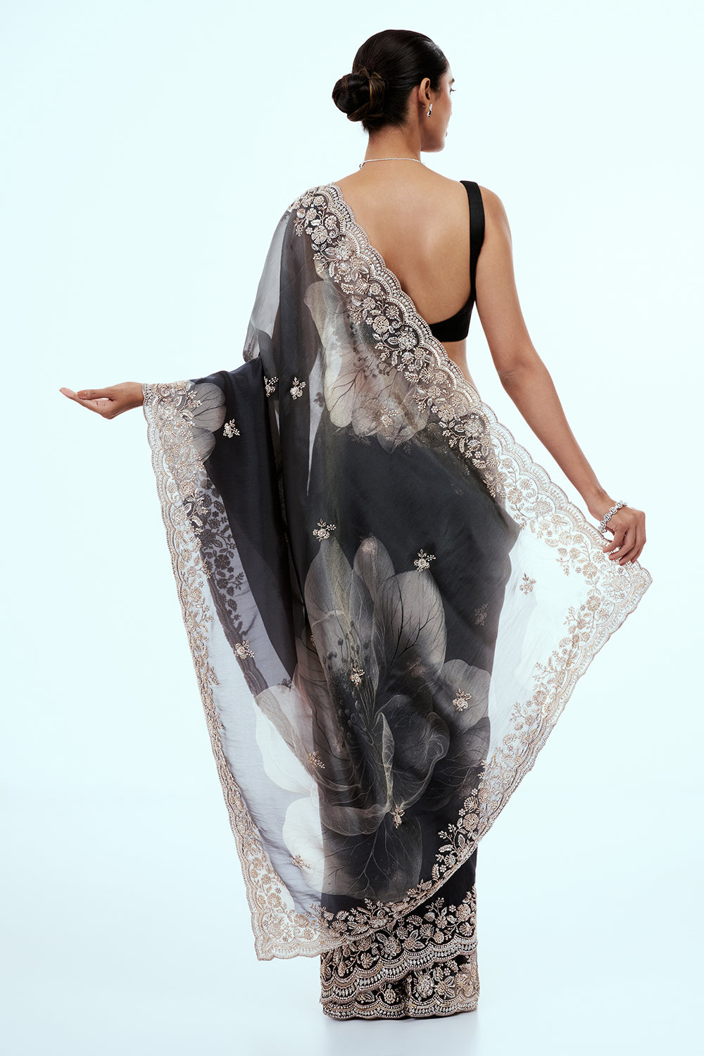 Dark Grey Shimmer Zari Tissue Printed & Embellished Saree