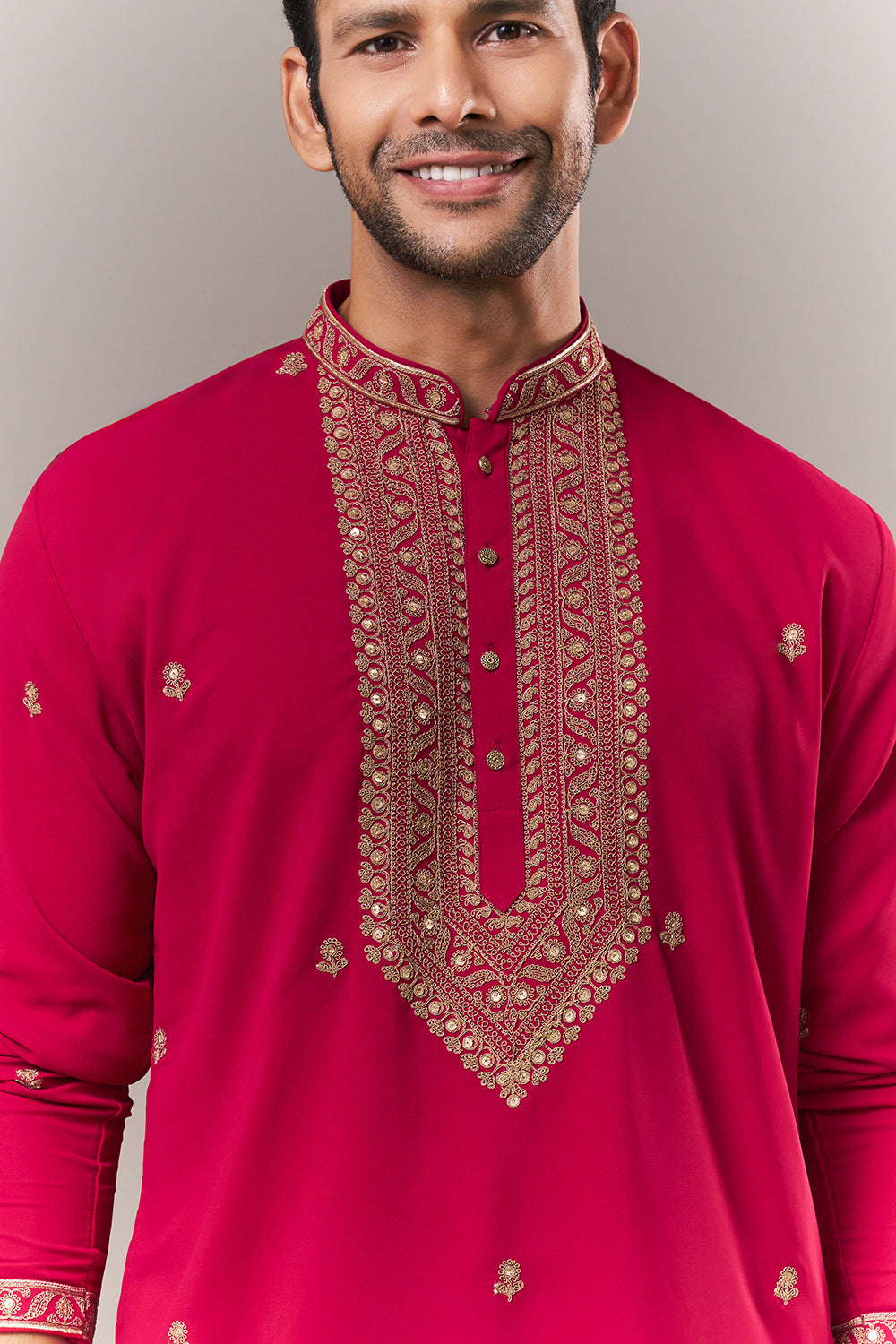 Dark Pink Faux Georgette Mens Kurta Set with Dori and Sequin Work