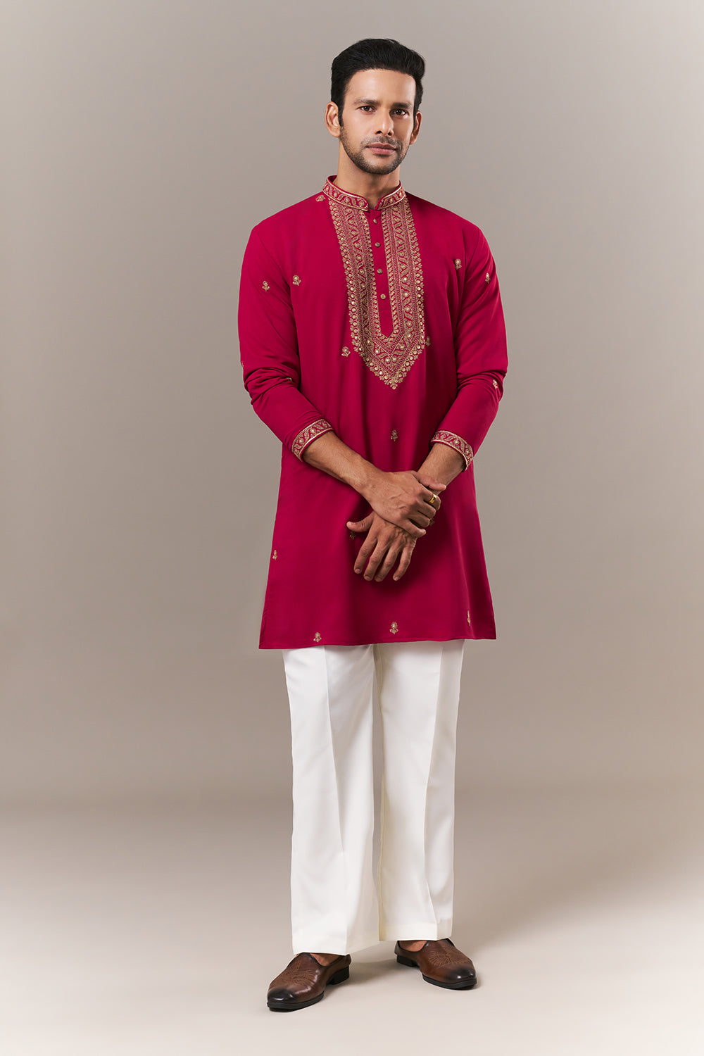 Dark Pink Faux Georgette Mens Kurta Set with Dori and Sequin Work