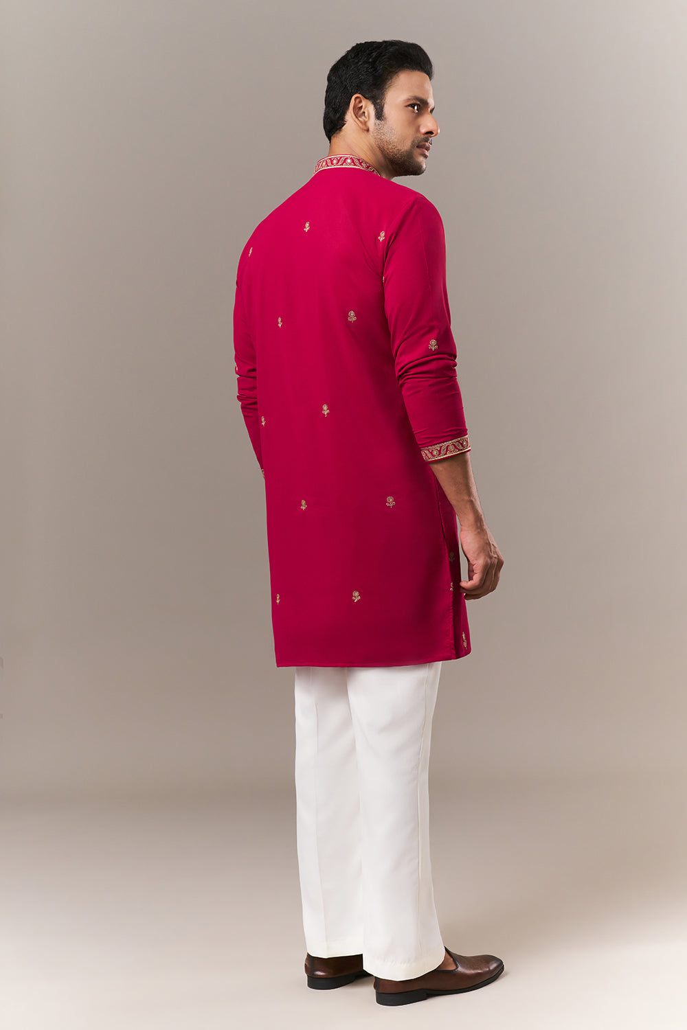 Dark Pink Faux Georgette Mens Kurta Set with Dori and Sequin Work