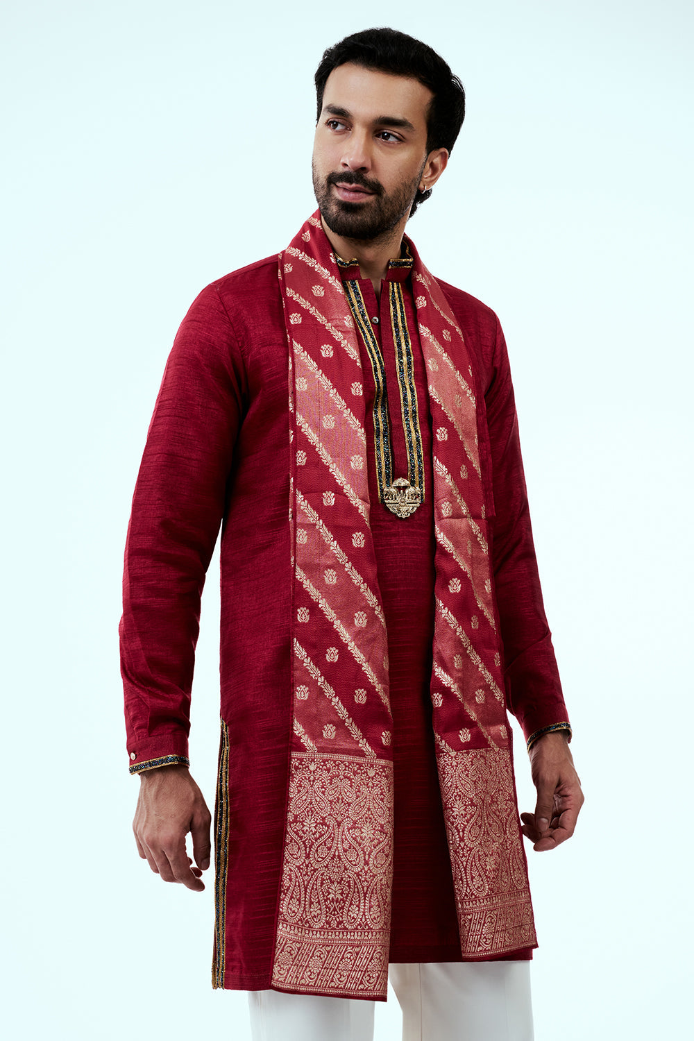Dark Red Art Silk Mens Kurta Set with Zari and Embroidery Work