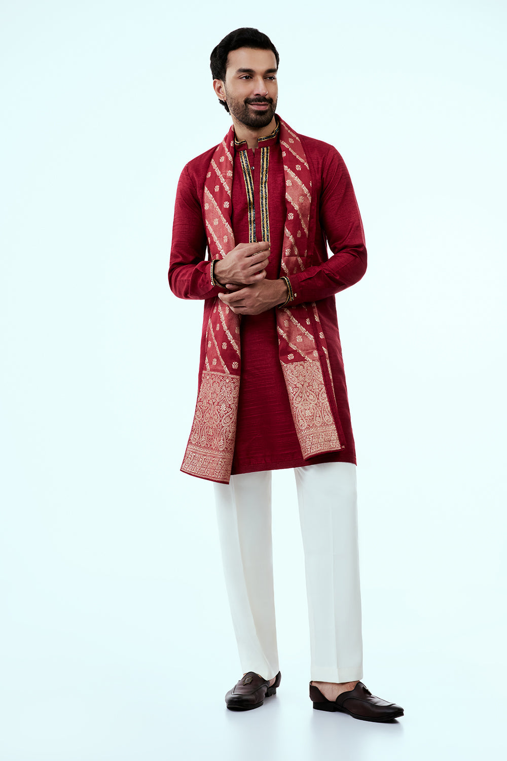 Dark Red Art Silk Mens Kurta Set with Zari and Embroidery Work