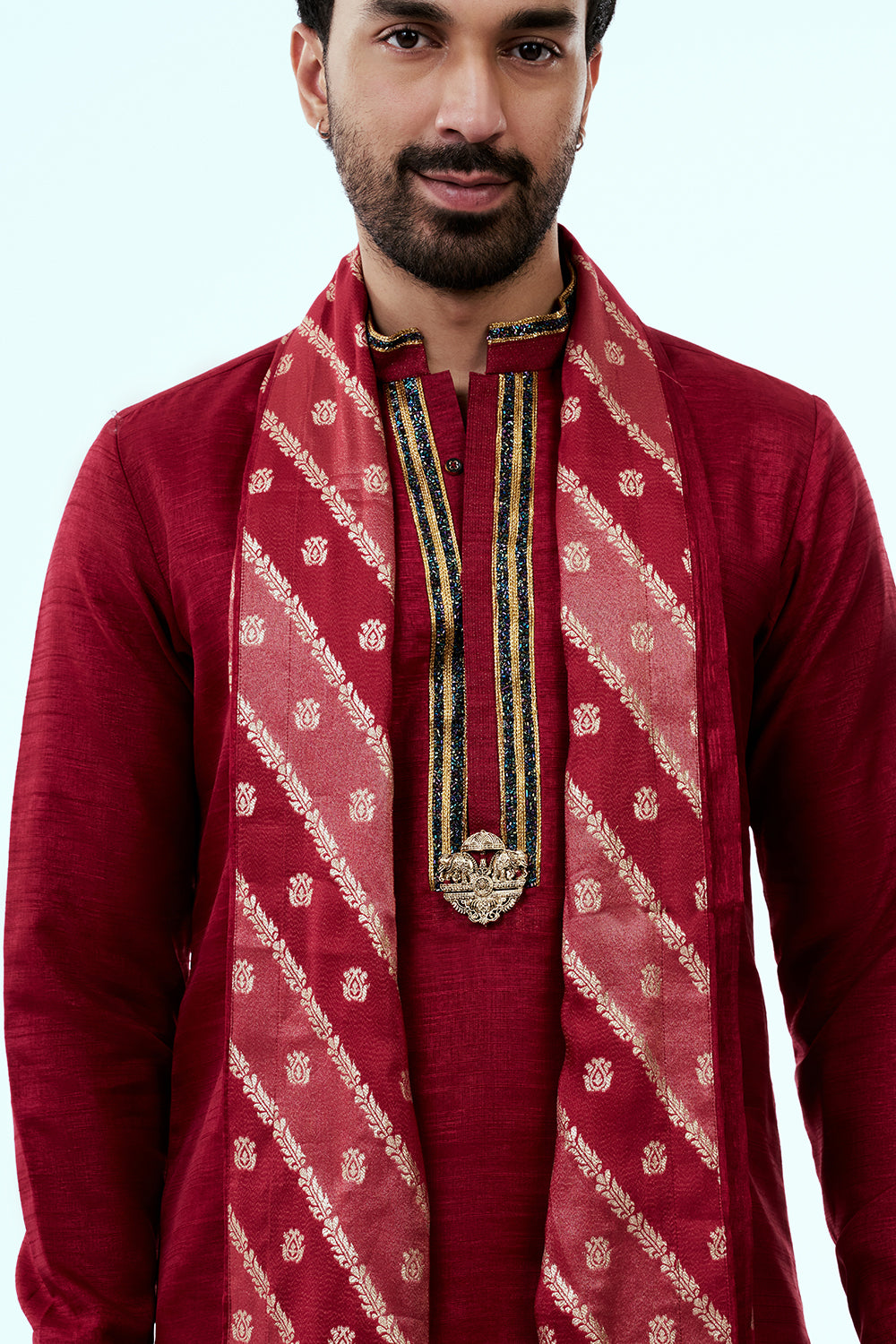 Dark Red Art Silk Mens Kurta Set with Zari and Embroidery Work