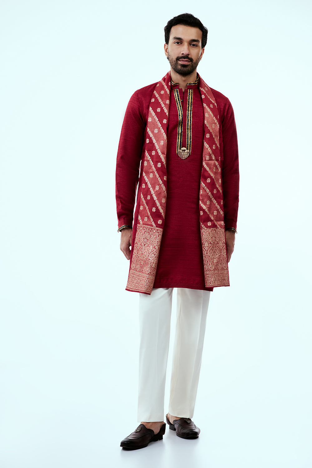 Dark Red Art Silk Mens Kurta Set with Zari and Embroidery Work