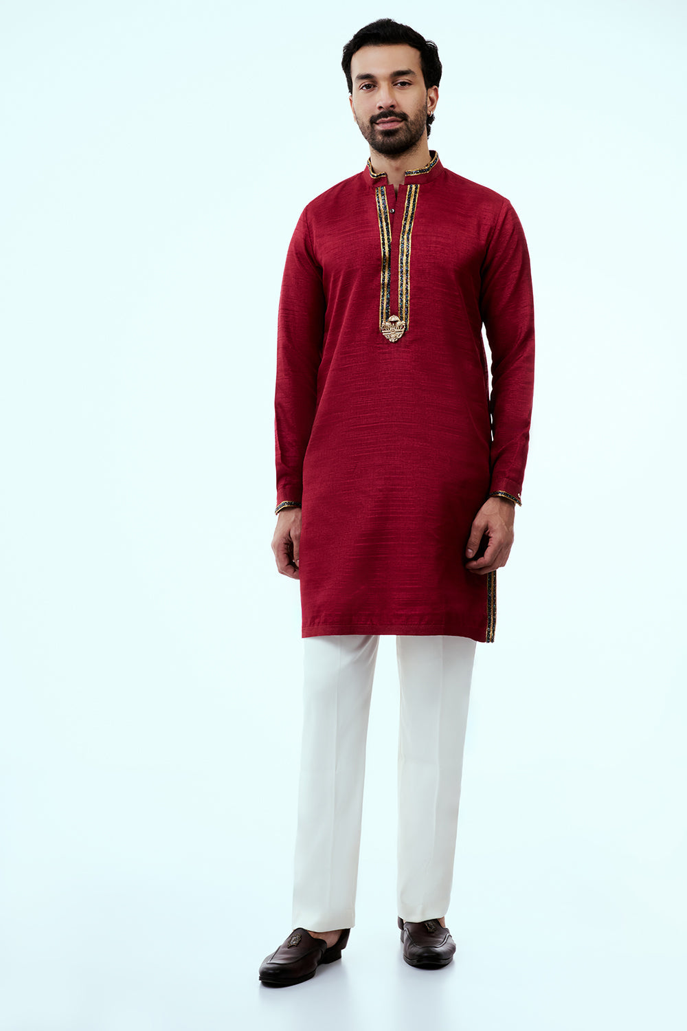 Dark Red Art Silk Mens Kurta Set with Zari and Embroidery Work