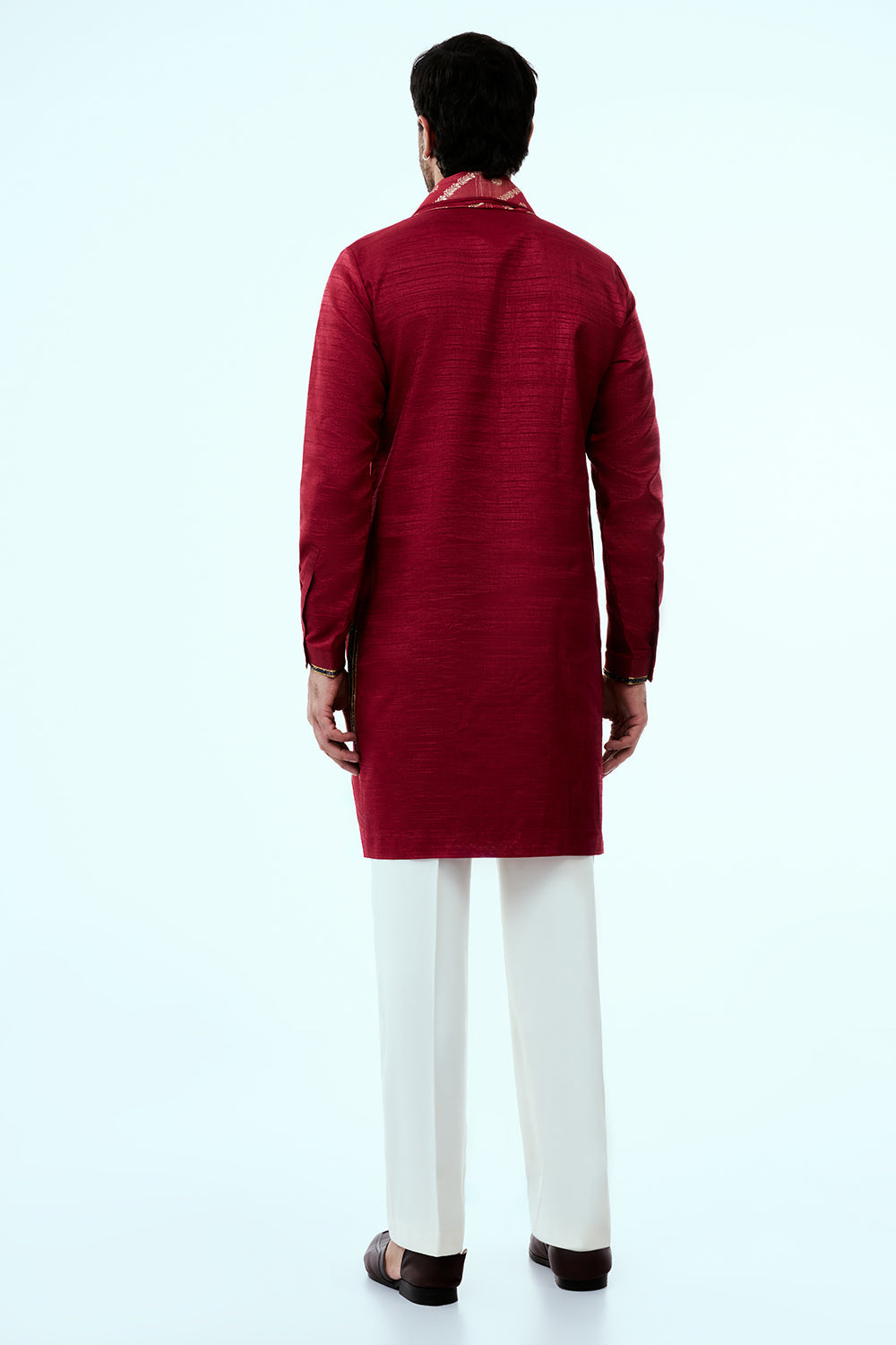 Dark Red Art Silk Mens Kurta Set with Zari and Embroidery Work