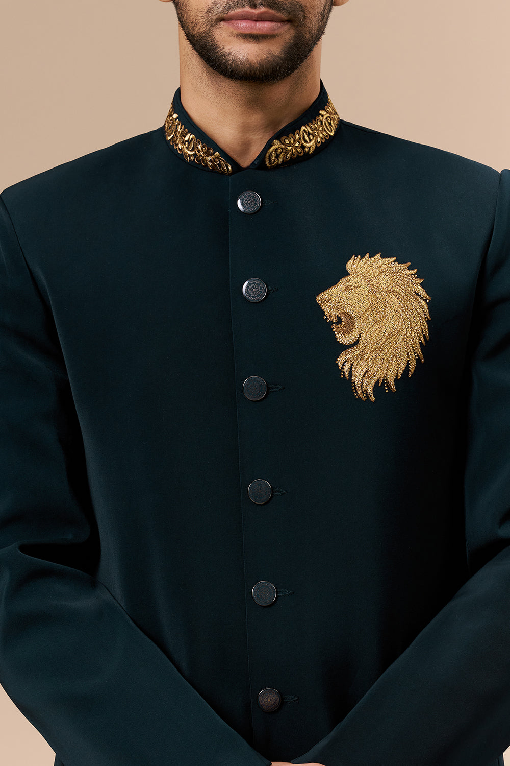Dark Teal Georgette Jodhpuri with Zari and Thread Lion Motif