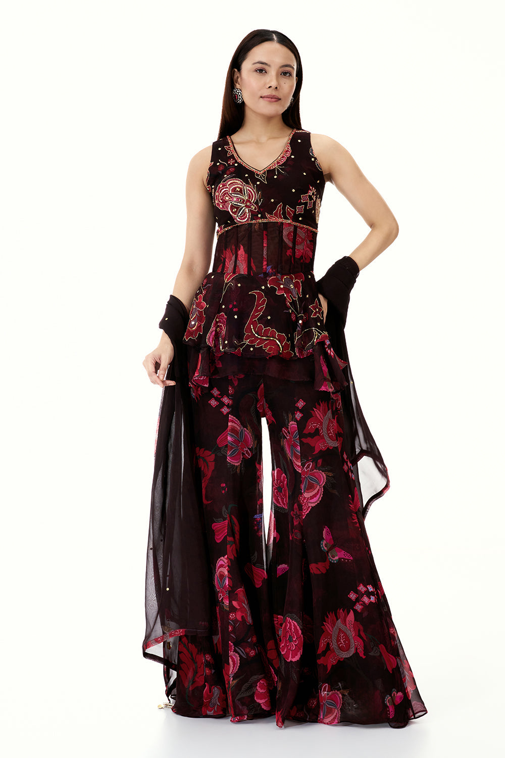 Dark Wine Coloured Organza Peplum Sharara Suit with Mirror and Cutdana Work