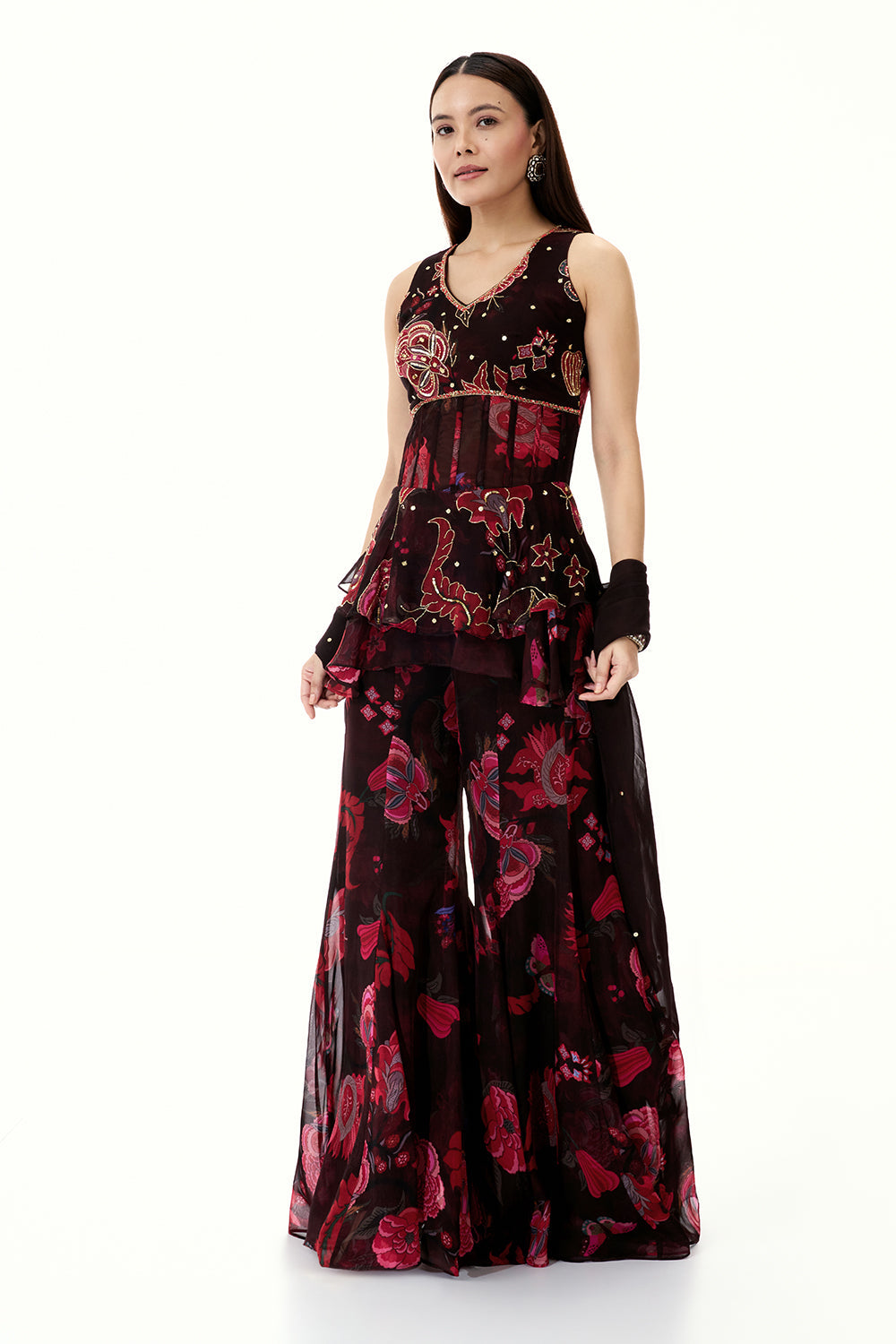 Dark Wine Coloured Organza Peplum Sharara Suit with Mirror and Cutdana Work