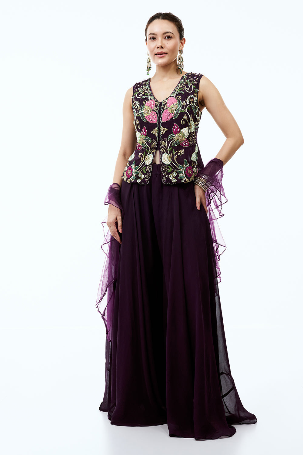 Dark Wine Organza Indo Western Set With Moti and Applique Work