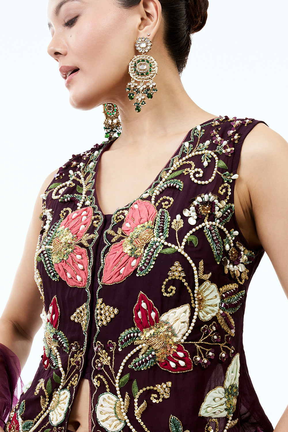 Dark Wine Organza Indo Western Set With Moti and Applique Work