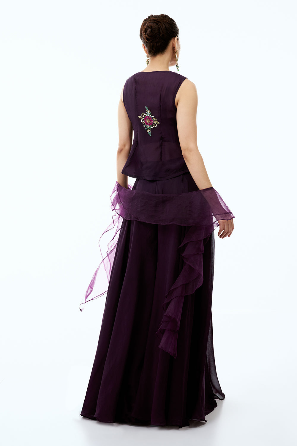 Dark Wine Organza Indo Western Set With Moti and Applique Work