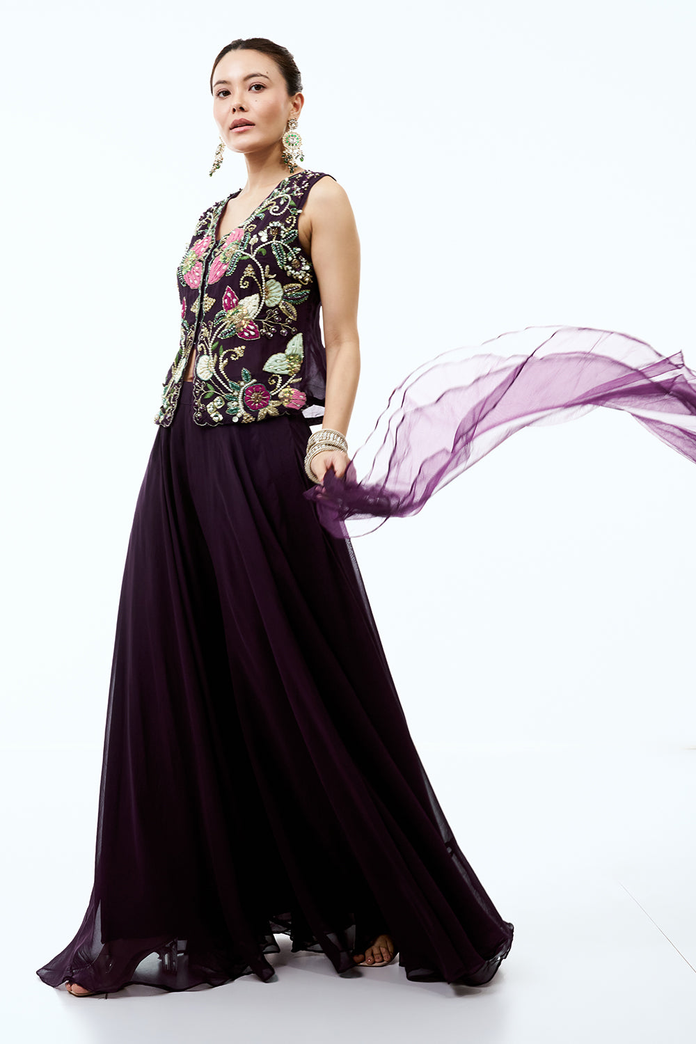 Dark Wine Organza Indo Western Set With Moti and Applique Work