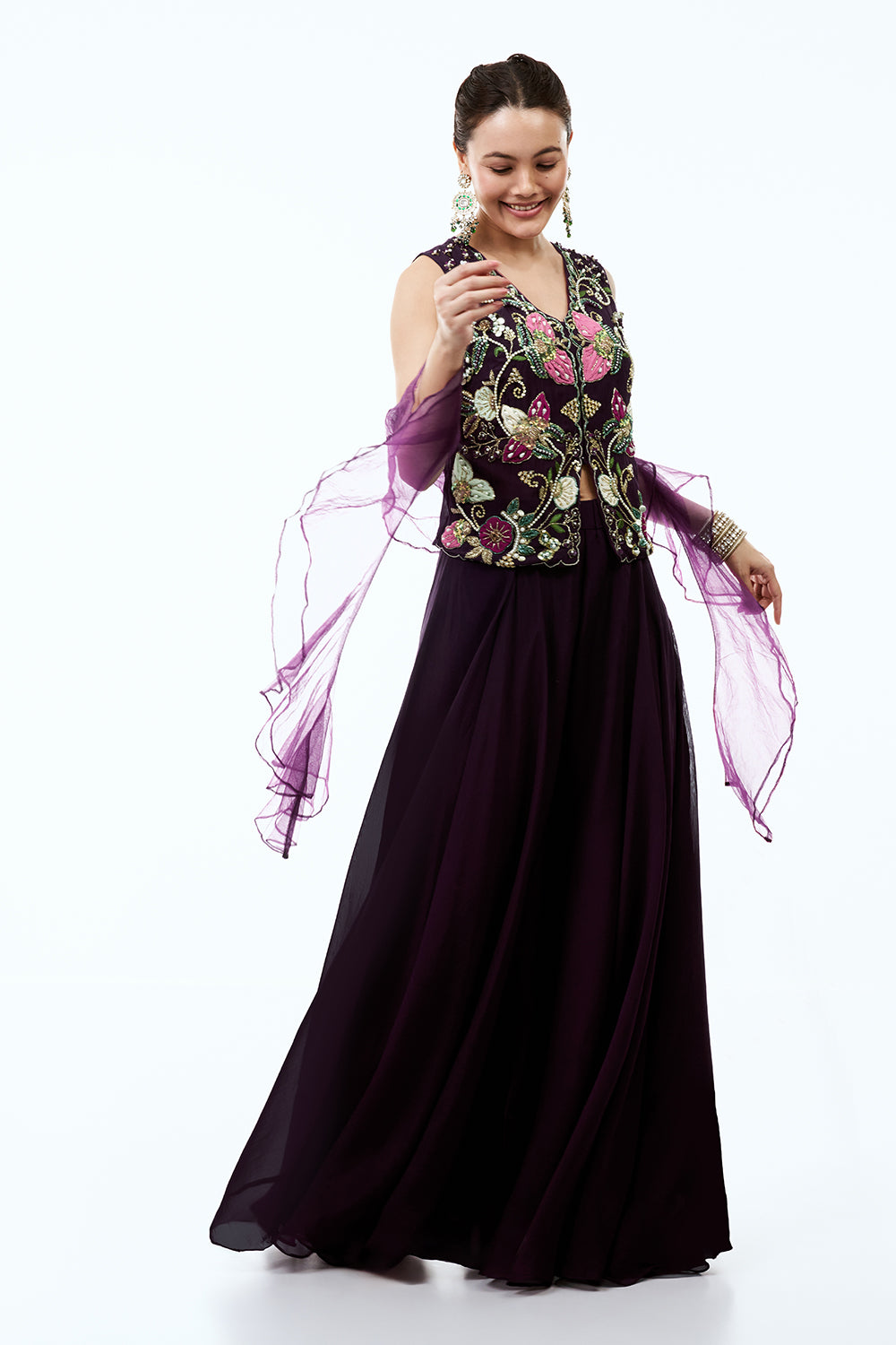 Dark Wine Organza Indo Western Set With Moti and Applique Work