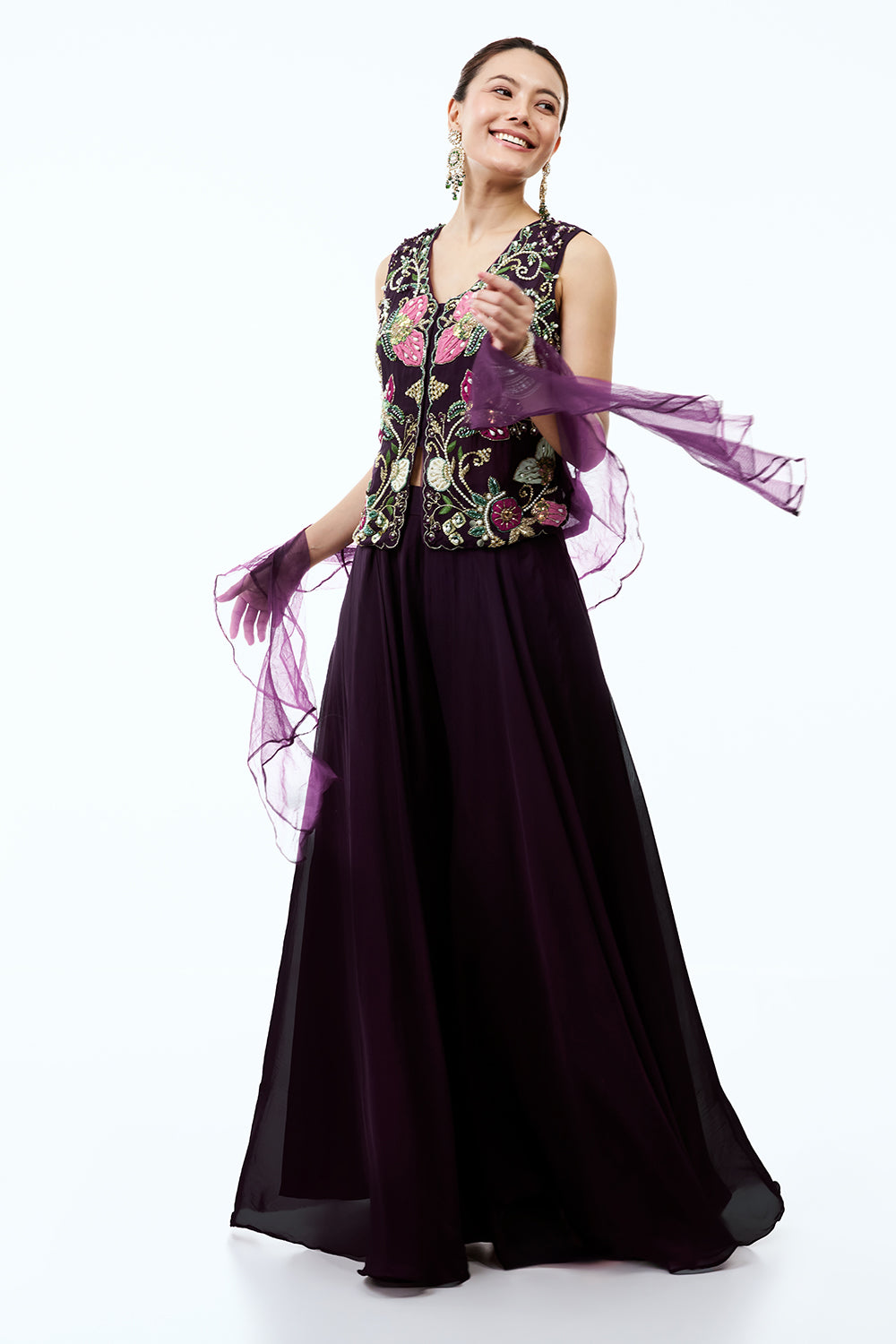 Dark Wine Organza Indo Western Set With Moti and Applique Work