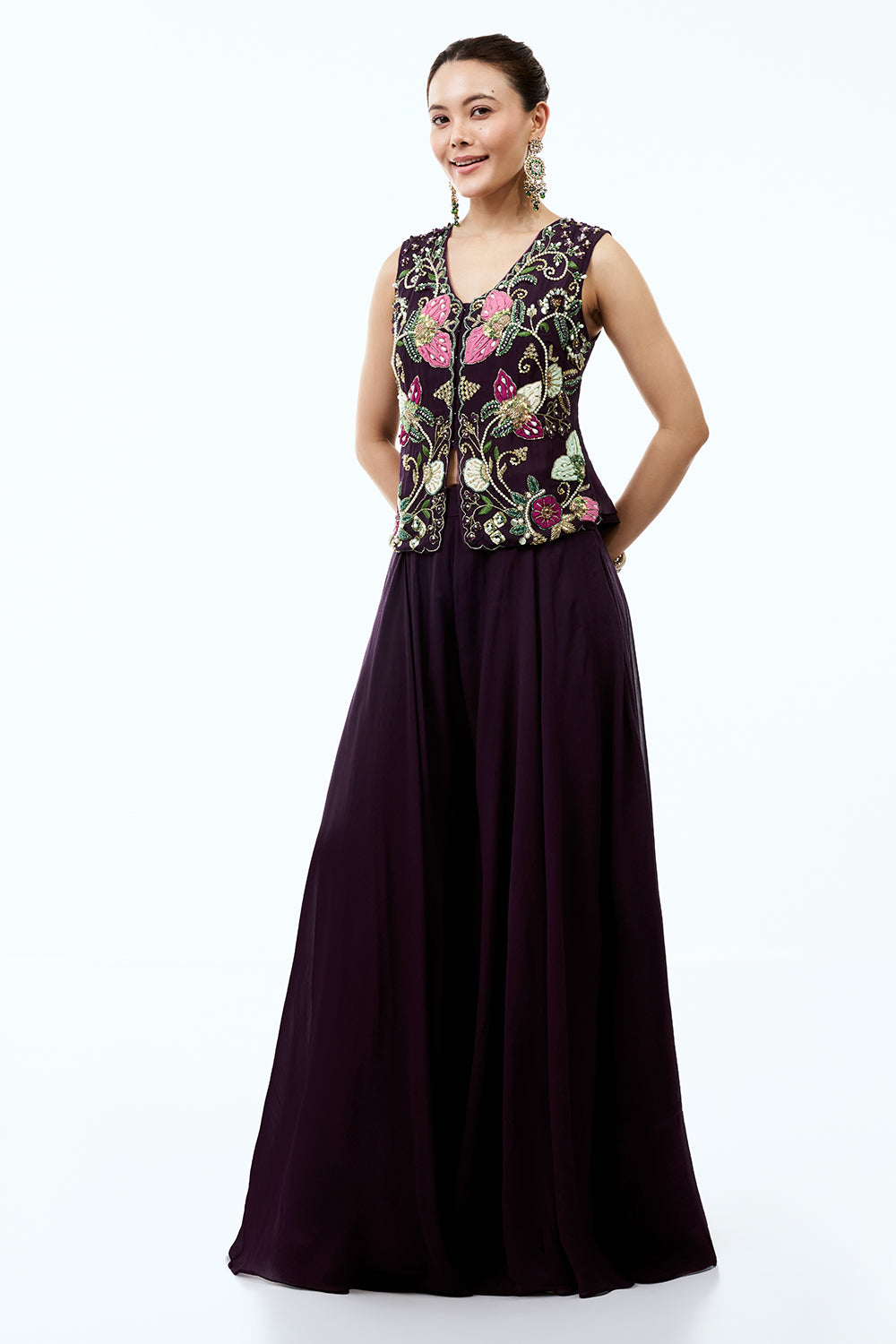 Dark Wine Organza Indo Western Set With Moti and Applique Work