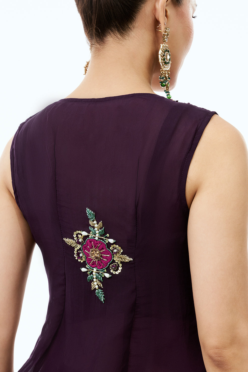 Dark Wine Organza Indo Western Set With Moti and Applique Work