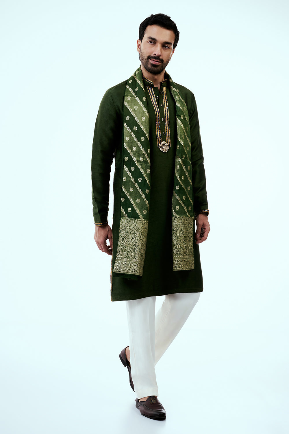 Deep Green Art Silk Mens Kurta Set with Embroidery Work