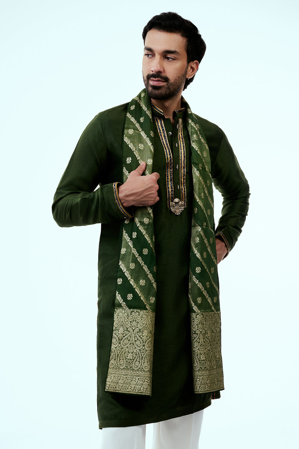 Deep Green Art Silk Mens Kurta Set with Embroidery Work