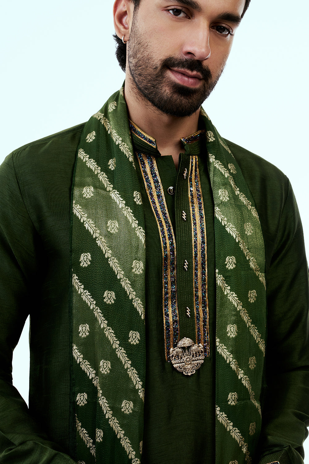 Deep Green Art Silk Mens Kurta Set with Embroidery Work