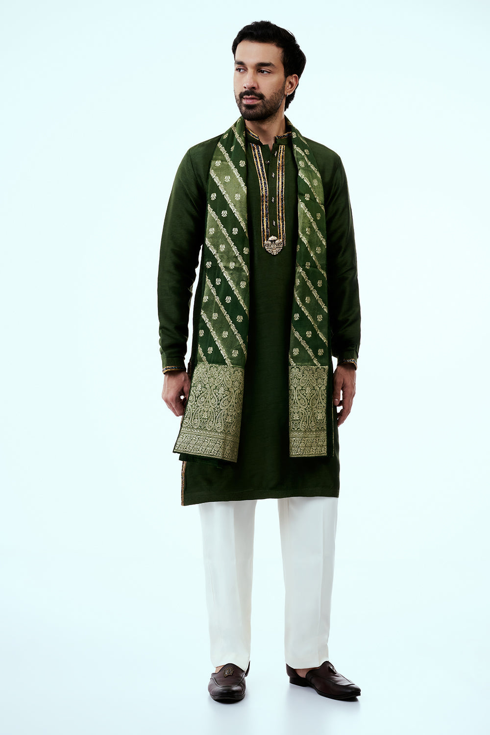 Deep Green Art Silk Mens Kurta Set with Embroidery Work