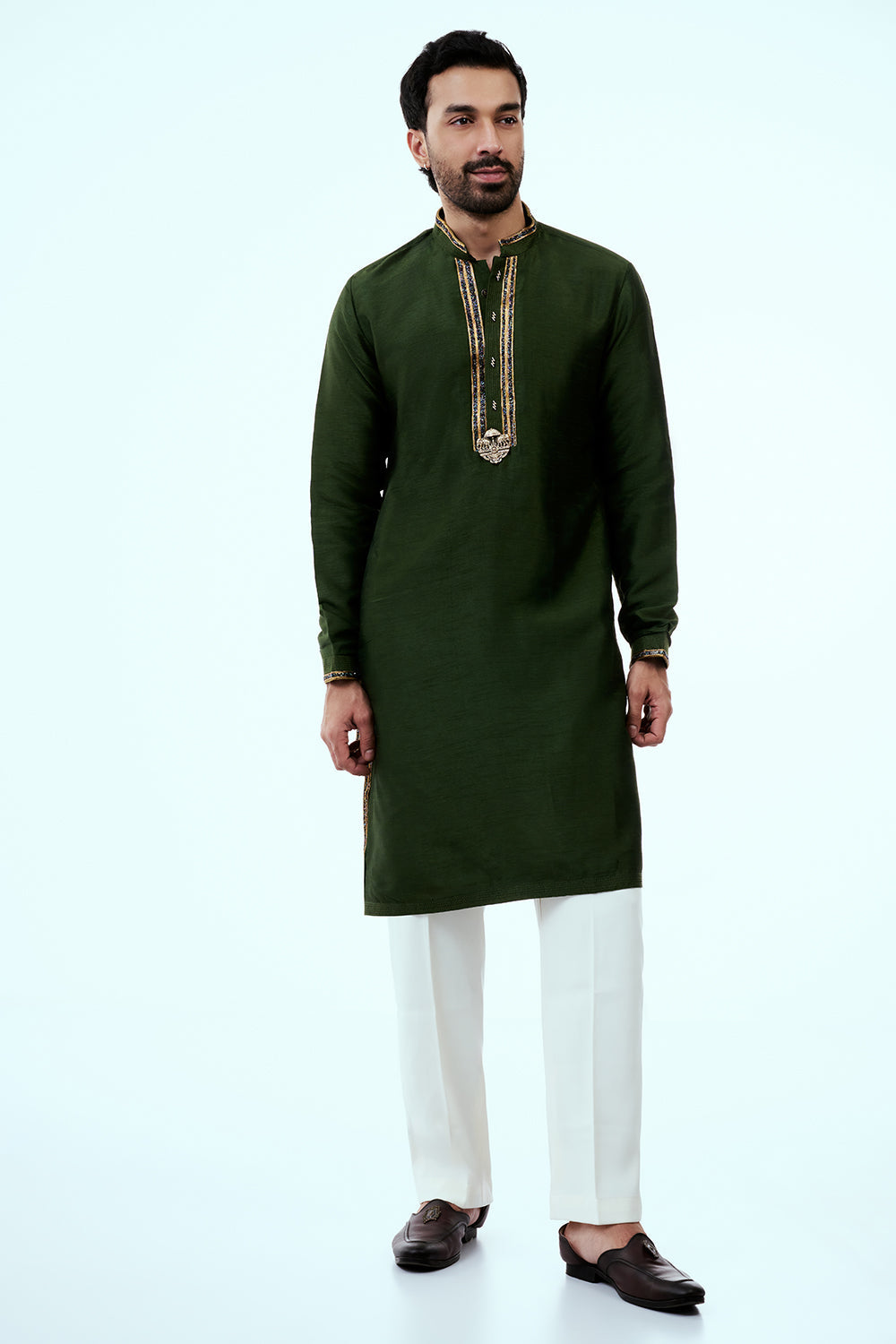 Deep Green Art Silk Mens Kurta Set with Embroidery Work