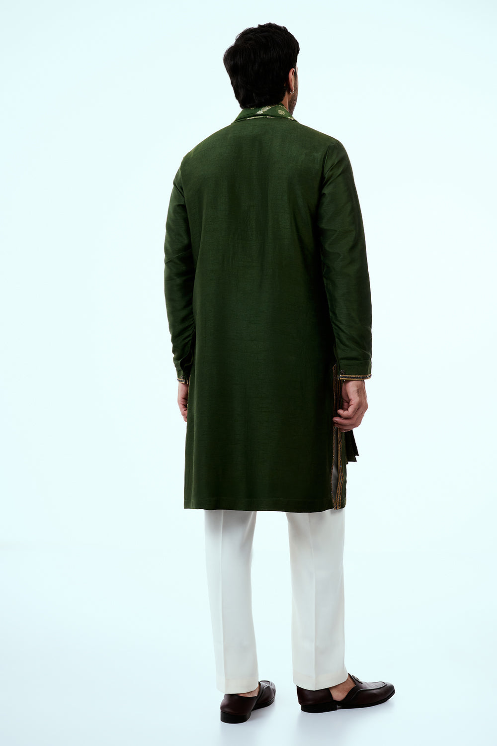 Deep Green Art Silk Mens Kurta Set with Embroidery Work