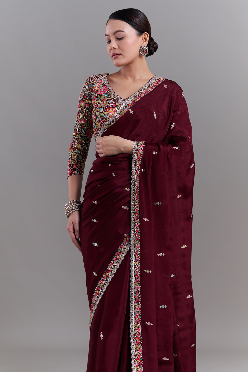 Deep Maroon Crepe Saree with Stitched Blouse